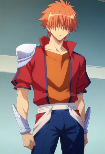 ((masterpiece)), ((best quality)), ((ultra-detailed)), score_9_up, score_8_up, score_7_up, HD, top quality, best quality, High-quality illustrations, anime screencap, perfect anatomy, 1boy, 1male, male anime character, anime boy, solo male, male focus, Ryuuto Henge, orange hair, long bangs, hidden eyes, long red jacket, orange shirt, silver arm gauntlets, blue pants, silver boots, lean body, slender body, slim body, tall, tall body, tall height