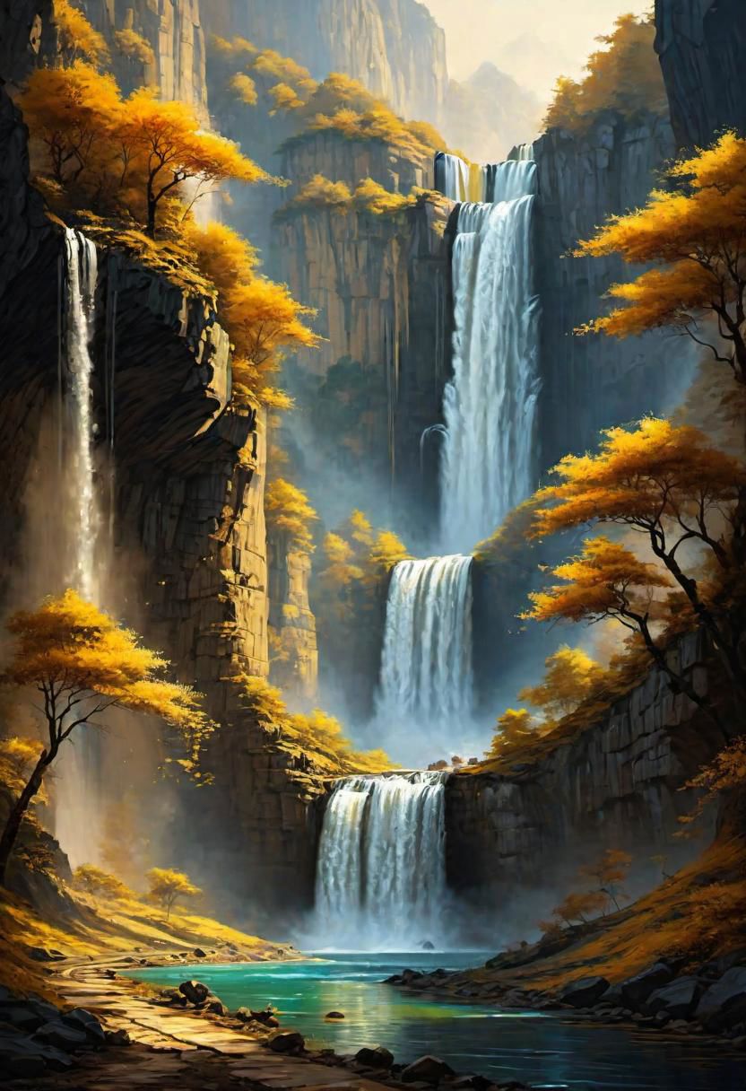 a landscape of a waterfall with gold water,
 masterpiece, highly detailed,
EdobHorrorLandscape,