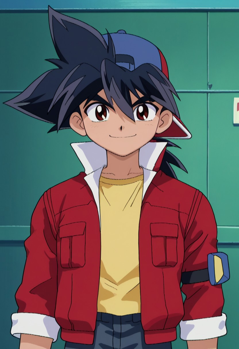score_9, score_7_up, source_anime
takakinom, 1boy, male focus, solo, brown eyes, black hair, spiked hair, hat, baseball cap, backwards hat, shirt, yellow shirt, jacket, red jacket, popped collar, open jacket, open clothes, smile
outdoor,