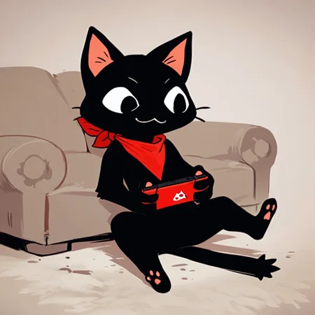 score_9, score_8_up, score_8, score_7, source_cartoon, source_furry, Expressiveh, detailed, Gam3rcAt, Solo, 1boy, semi-anthro, male furry, cat, cat boy, black fur, black eyes, cat tail, whiskers, red bandana, full body, sitting on couch, holding, handheld game console, smile, :3, looking at console, living room background,