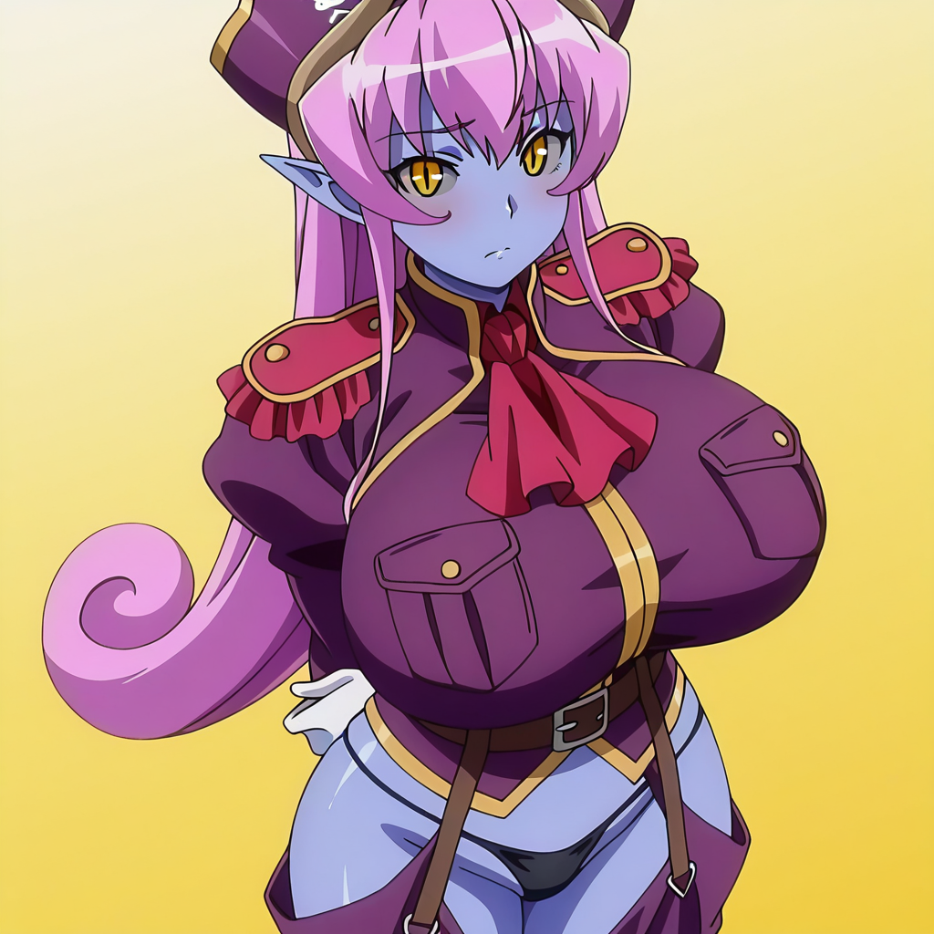 best quality, amazing quality, absurdres, uncensored, detailed eyes, perfect eyes, extremely detailed CG, extremely detailed face, perfect face, detailed Lora, anime, masterpiece, beautiful eyes, beautiful face, high resolution, distinct image, 4k, 8k, high resolution, high, super, hyper, distinct image, beautiful eyes and detailed face BREAK  <lora:Aku_no_Onna_Kanbu_-_Ephanatica:1>Ew_Ephanatica, anime screencap, anime coloring, 1girl, solo, blue skin, colored skin, huge breasts, yellow eyes, slit pupils, grey sclera, colored sclera, pink hair, long hair, pointy ears, horns, pirate hat, white gloves, belt, pocket, ascot, epaulettes, purple military uniform, black panties, underwear, hip vent, high heel boots, black footwear, cowboy shot, from above, looking at viewer, hands behind back