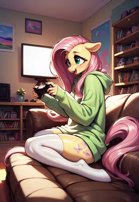 score_9, score_8_up, score_7_up, score_6_up, semi-realistic artwork, detailed background, high quality, vibrant colors, best quality rendering, intricate details, high resolution, sharp focus, best render quality, (background-living room, couch, television, videogame), side view,
1girl, solo, {Fluttershy (anthro pony) long hair, 18 yo, narrow shoulders, skinny, shiny skin,
oversized hoodie, white thigh-high socks,
dynamic pose, sitting couch, holding controller, playing videogames,
shy, happy,