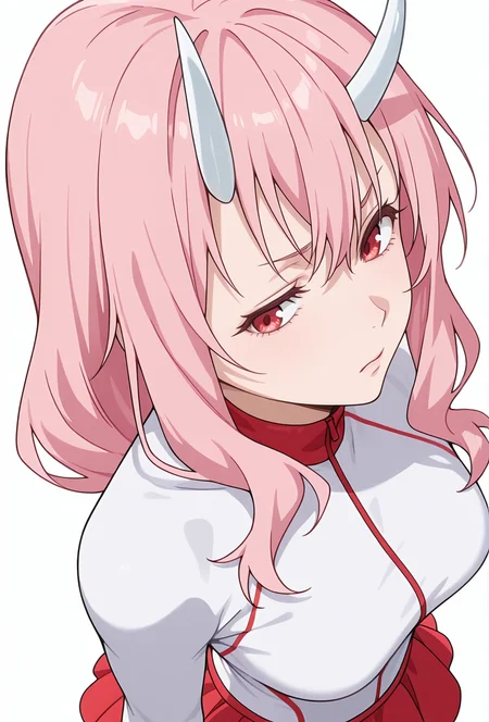 Smooth Quality,masterpiece,very intricate, high quality details, ultra realistic, high detailed skin,detailed enviorement,absurdres,
simple background, white background,solo,
from above,disgust,dancing,
pullover,,rash guard, ,tulip skirt, , <lora:Shuna_CNR:0.8> shuna_cnr, 1girl,pink hair, long hair, red eyes,horns, oni,