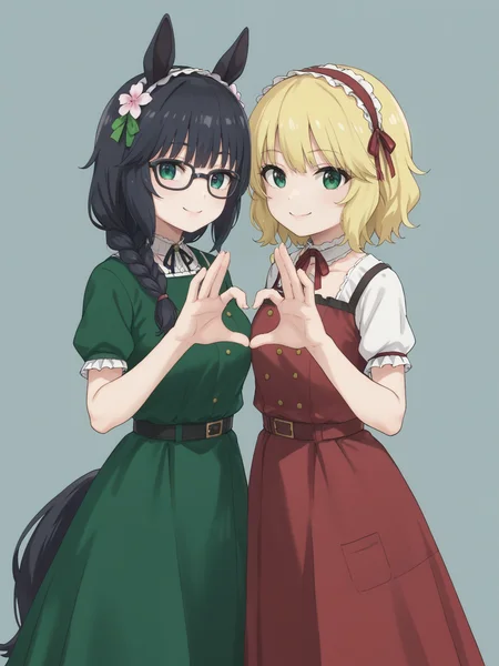 score_9, score_8_up, score_7_up, BREAK 2girls, portrait, from front, looking at viewer, smile,
ADDCOMM
1girl, green dress,
ZennoRobRoy, horse girl, horse ears, horse tail, jitome, tareme, black hair, braid on bangs, hair flaps, sidelocks_on_ribbons, bangs, single braid, horizontal braid bangs, flower hair ornament, black boston glasses, blue eyes, large breasts, covered ears, hair covering ears,
ADDCOL
1girl, red dress, rose dress,
sakurai momoka, blonde hair, green eyes, bangs, short hair,wavy hair,
<lora:sakuraimomoka_pony_v1_1:0.6> <lora:sdxl-um-zennorobroy:0.8> , <lora:neg4all_bdsqlsz_xl_V91:1>, <lora:hand 4:1> Hand, five fingers,