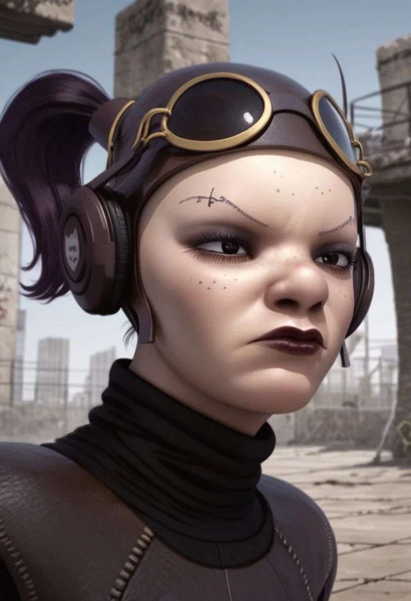 1girl, freckles, brown eyes, thin eyebrow tattoos, dark purple hair, dark lipstick, brown leather helmet, goggles on head, brown headphones, gloves, boots, turtleneck, black and brown bodysuit, realistic, score_8_up, score_7_up, BREAK, 1girl, solo, closeup, head down, frown