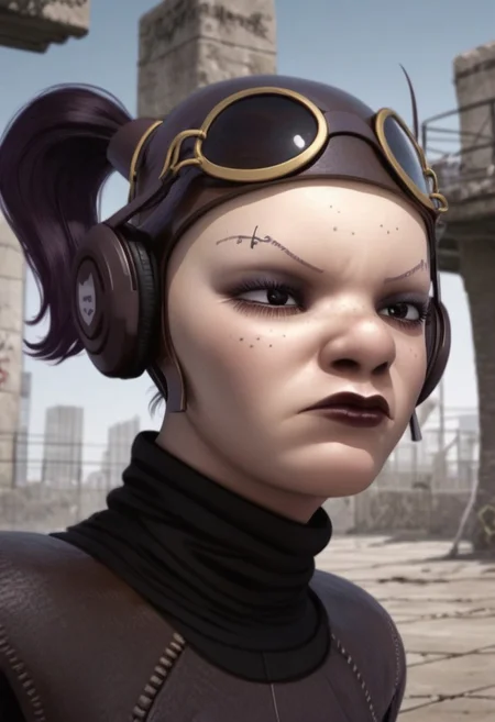 1girl, freckles, brown eyes, thin eyebrow tattoos, dark purple hair, dark lipstick, brown leather helmet, goggles on head, brown headphones, gloves, boots, turtleneck, black and brown bodysuit, realistic, score_8_up, score_7_up, BREAK, 1girl, solo, closeup, head down, frown