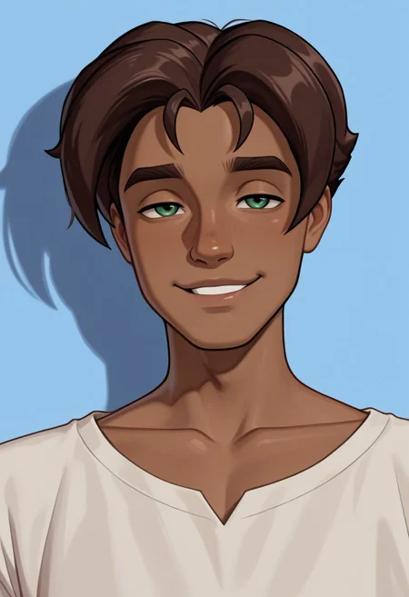 masterpiece, absurdres, high quality, perfect anatomy, 1boy, solo, cute boy, male focus, Presley, Dark Skin, Brown Hair, Green Eyes, collarbone, smug smile, parted lips, intricately detailed illustration, masterpiece, best quality, amazing quality, very aesthetic, absurdres, newest, very awa, shadow, portrait, simple background,