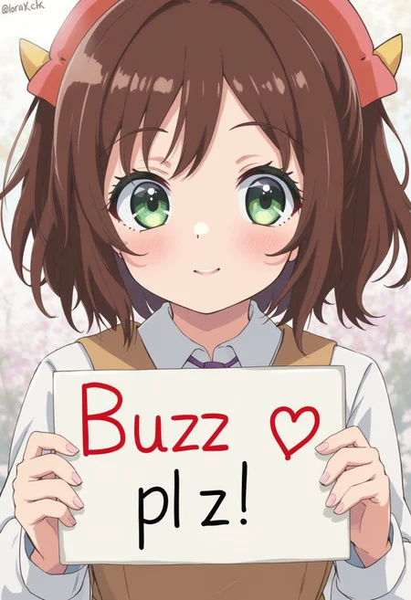 <lora:ck-flaani-flux:1> flaani, anime, close up, smiling, young cute girl, brown hair, sparkling green eyes, holding sign that says, 'Buzz plz! ❤'. fish eye lens