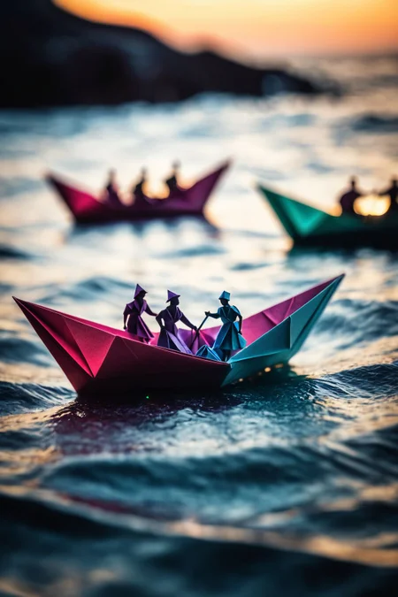 portrait, masterpiece, 4k, ray tracing, intricate details, highly-detailed, hyper-realistic, 8k RAW Editorial Photo.
Surreal fantasy theme, closeup on a group of people on a paper origami boat sailing at heavy sea, atmospheric, Max Details, sharp focus, high contrast, stylized, dark, clear, surreal, midjourneyv6.1, colorful,
cinematic light, dramatic light, shallow depth of field, high budget, bokeh, cinemascope, film grain,