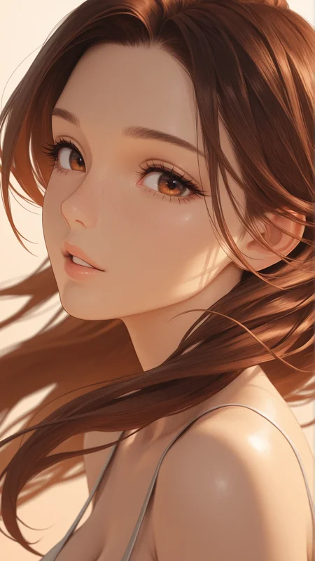 1girl,milf,brown hair,long hair,flowing hair,brown eyes,parted lips, freckles,bold accessories,eyelashes,portrait,
available light,golden hour glow,subtle shadows,diagonal shadows, 
intense expression,high-angle,elegant neckline,soft shoulder curve,gentle tilt,refined elegance, depth of field,focused subject,dynamic angle,side view,dutch view, looking at viewer,face focus, dynamic motion, expressive,
masterpiece,best quality,amazing quality,very aesthetic,absurdres,newest,detailed eyes,
A professional,high-quality,hyper-realistic portrait of a woman, 3D
