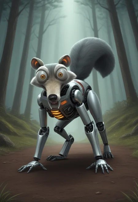 Giant robot transformer beast squirrel from the ice age, Bulging eyes bushy tail, skinny, robotic transformer limbs, holding a big mechanic acorn with digital parts and LED lights,  <lora:Scrat_Ice_Age_PONY:0.75> Scrat, intense (looking to viewer:1.1), on all fours running quadruped in the forest