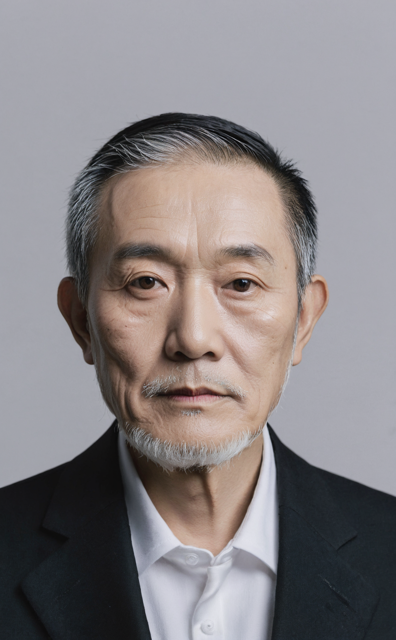Realistic,Chinese old man portrait,upper body,short black hair,black eyes,indoors,white background,wearing a black suit,cool white lighting,looking at viewer,pale white beard,weathered facial wrinkles,