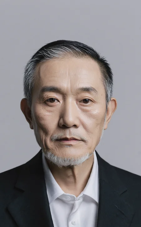 Realistic,Chinese old man portrait,upper body,short black hair,black eyes,indoors,white background,wearing a black suit,cool white lighting,looking at viewer,pale white beard,weathered facial wrinkles,
