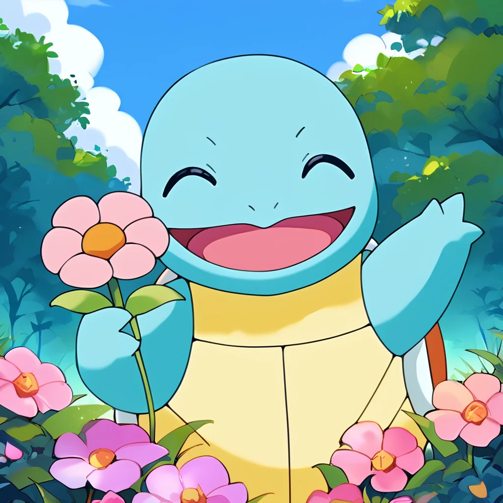 (score_9:0.9),score_8_up,score_7_up,anime style,rating_safe,(zPDXL),<lora:Squirtle ponyXL v3:1>,squirtle0007,outdoors, flower, open mouth, solo, closed eyes, happy, sky, day, blue sky, holding, smile, ^_^, holding flower, tree, cloud, upper body, grass, standing, colored skin, pink flower