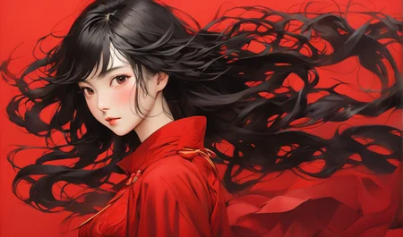 anima, pretty chinese woman, fullbody, pure red background, black hair, floating hair, blush, looking at viewer