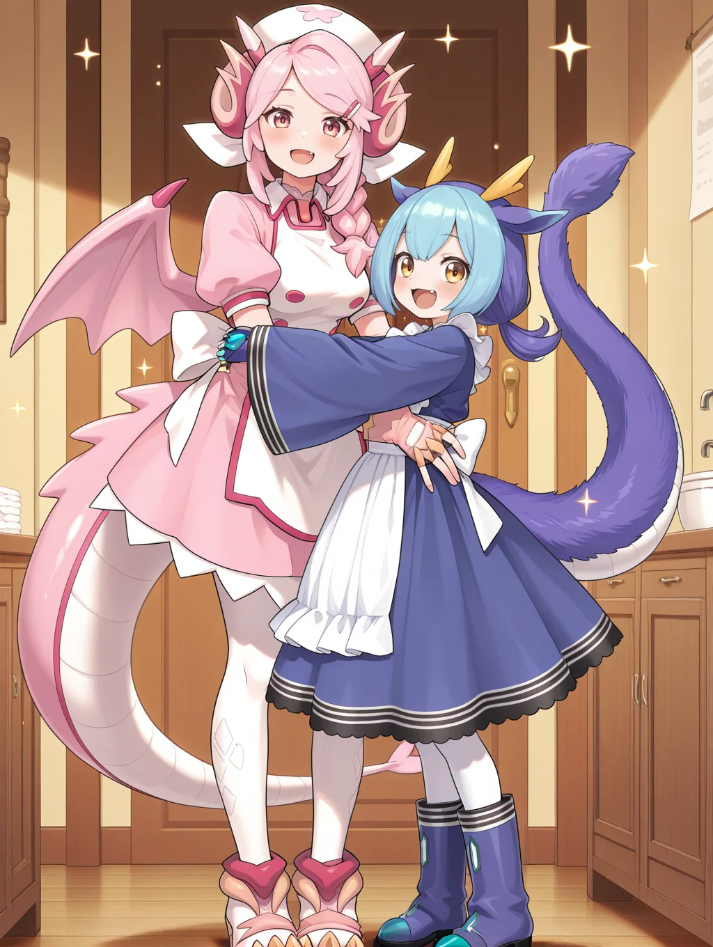 hug,2girls,smile,open mouth,looking at viewer,blush,full body,fang,standing,sidelocks,sparkle,no humans,hairclip,nurse dragonmaid,white pantyhose,white nurse cap,pink fingerless gloves,pink nurse dress,pink wings,pink claws boots,laundry dragonmaid,blue knee boots,blue fingerless gloves,blue maid outfit,indoors,
masterpiece,best quality,amazing quality,very aesthetic,absurdres,newest,<lora:Nurse dragonmaid illuXL v1.1:0.74>,