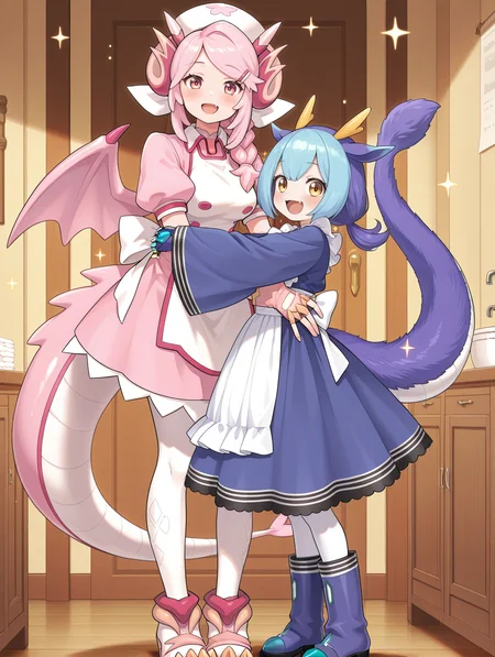 hug,2girls,smile,open mouth,looking at viewer,blush,full body,fang,standing,sidelocks,sparkle,no humans,hairclip,nurse dragonmaid,white pantyhose,white nurse cap,pink fingerless gloves,pink nurse dress,pink wings,pink claws boots,laundry dragonmaid,blue knee boots,blue fingerless gloves,blue maid outfit,indoors,
masterpiece,best quality,amazing quality,very aesthetic,absurdres,newest,<lora:Nurse dragonmaid illuXL v1.1:0.74>,