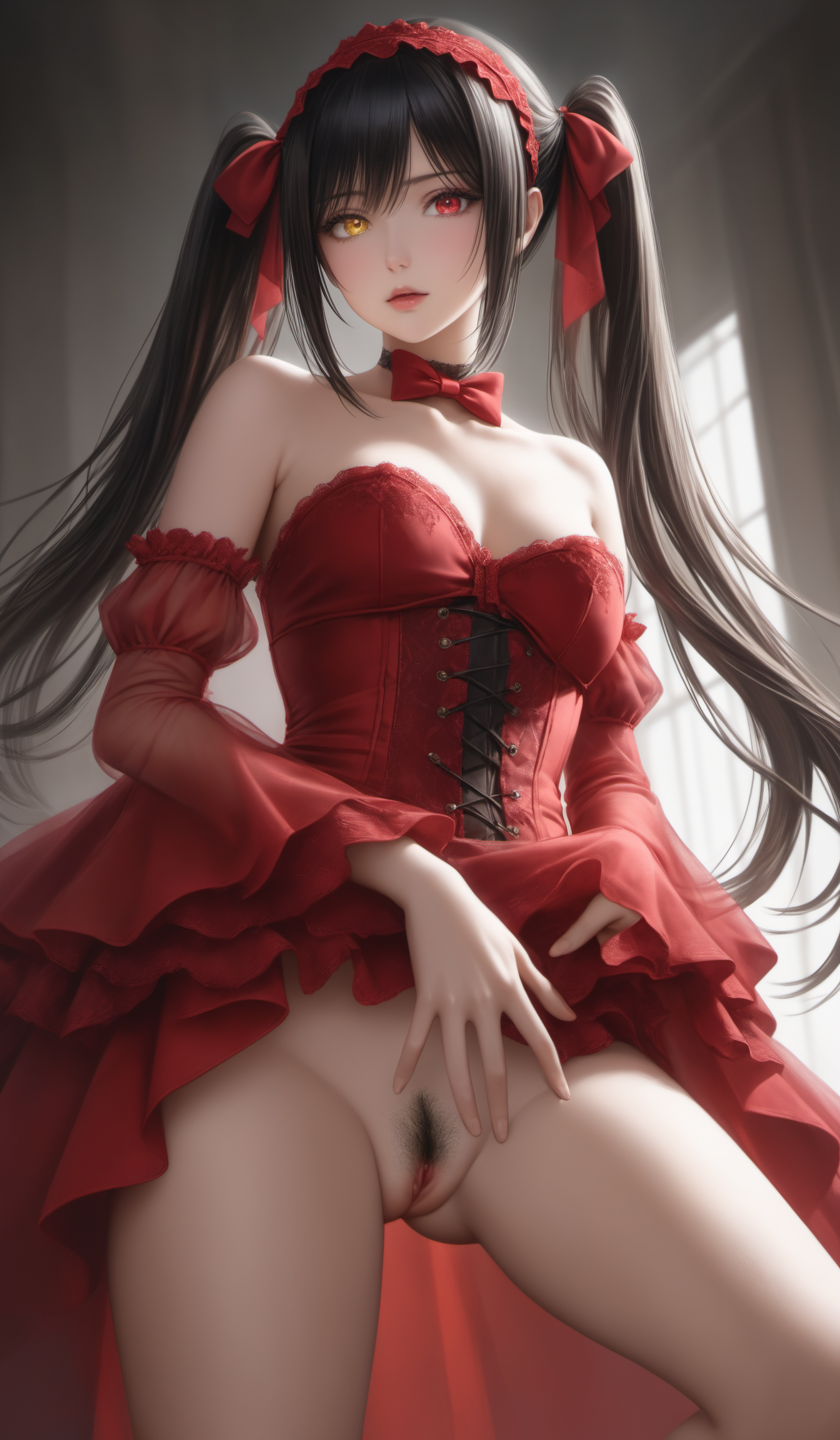 kurumi tokisaki astral dress, long hair, black hair, red eyes, twintails, yellow eyes, hairband, heterochromia, dress, red dress, bare shoulders, collarbone, choker, bowtie, red bowtie, detached sleeves, corset, frills,(masturbation, touching own pussy:1.4),(pubic_hair:1.4),
(Best quality,masterpiece,absurdres,ultra realistic:1.4),(Rococo:1.4),(close portrait:1.3),(((photo raw)),),peerlessly , beautiful detailed eyes,(see-through_clothing),(Elegant),shine,glowing,sparkling,energy coalescing and vibrating,(dynamic angle,dynamic pose),full_body,standing,nsfw, topless, nude,charming,alluring,seductive,enchanting,cleavage,exposed,(Dream_wave:1.22),
(Around floating colorful water:1.4)the most beautiful form of chaos,(book:1.4),(colorful leaves:1),
naked young woman (kneeling masturbation, touching own pussy:1.4) on rooftop in the city,  (large breasts:1.3) ,