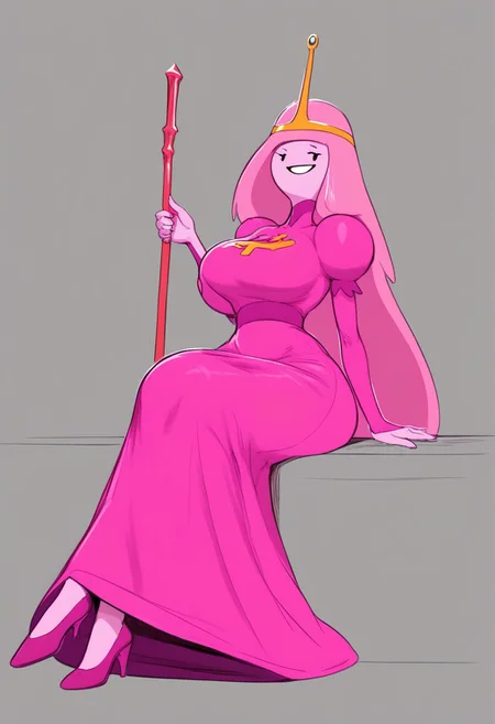 score_9, score_8,
Anythinggoes
Simplistic, Simplistic Art Style, Spot Color, Monochrome, 
 Bonnibel, pink hair, pink skin, long hair, straight hair, curvy
Pink dress, large dress, 19th century Prussian dress, empress, 
Sitting on thrown, grand hall, early morning, sword in one hand, scepter in another, looking at viewer, smiling,