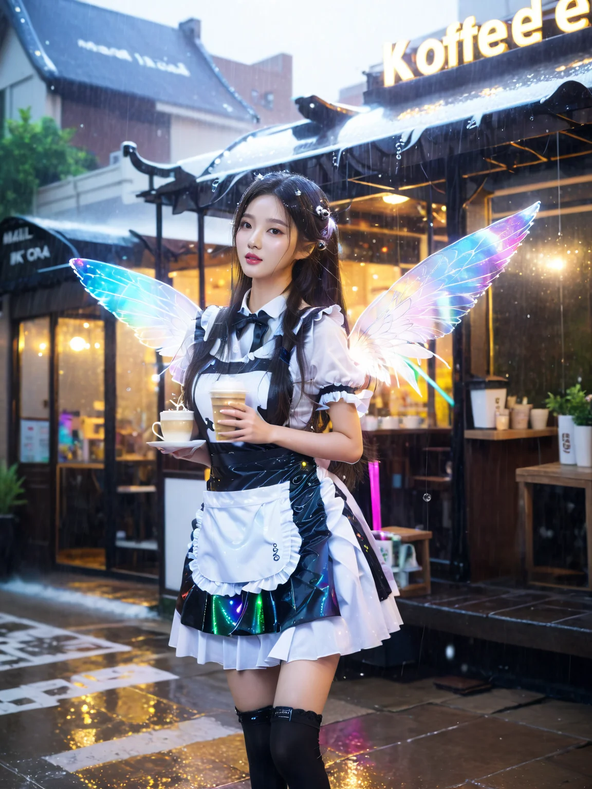shine colorful,1girl,glowing wings,glowing particles,long hair,korean idol,maid outfit,Outside the coffee shop,in heavy rain,<lora:Shine_colorful_XL_8R15EC:1>,