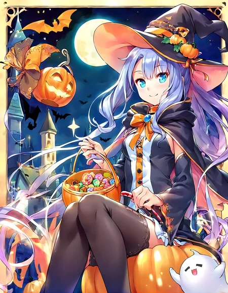 score_9,score_8_up,score_7_up,source_anime,1girl,solo,halloween costume,halloween,trick or treat,witch,pumpkin hat,witch hat,food-themed hair ornament,pumpkin hair ornament,orange choker,cape,silk,orange ribbon,thighhighs,swirl lollipop,black legwear,jack-o'-lantern,basket,holding lantern,halloween bucket,holding vegetable,sweets,candy,candy cane,cookie,silhouette,bat,ghost,black cat,pumpkin,castle,pennant,clock tower,church,cross,graveyard,tombstone,coffin,town,gate,bare tree,spider web,night sky,full moon,moonlight,looking at viewer,smile,laughing,light_blush,<lora:pony_xl_Priscilla:0.9>,Priscilla,knees_together_feet_apart,sitting,
