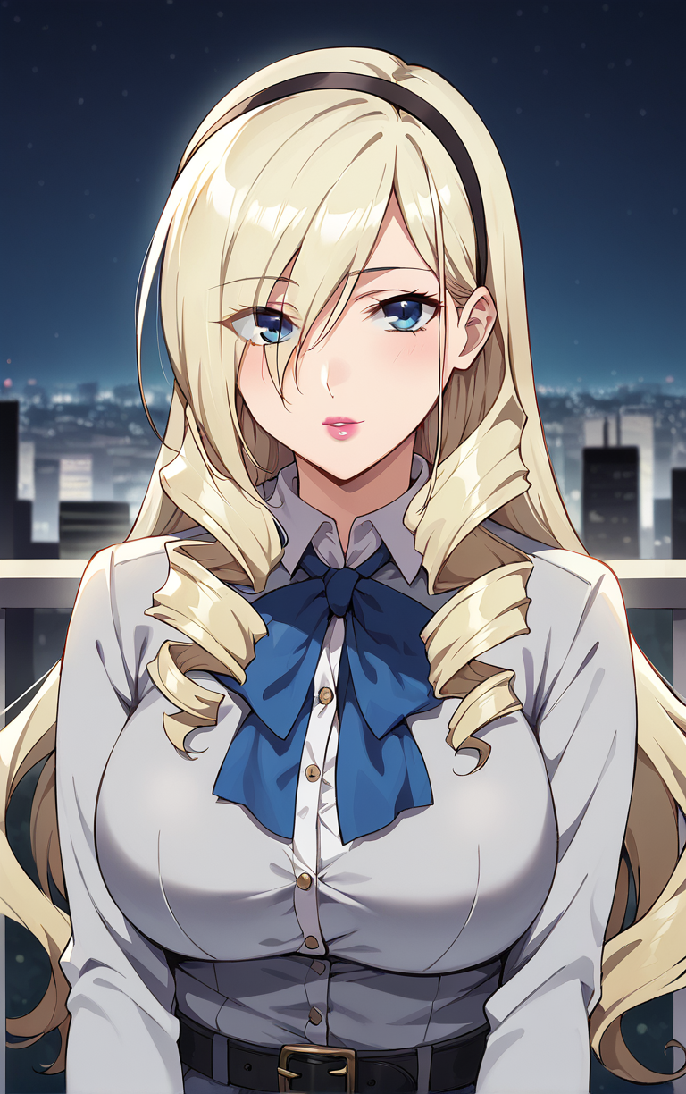 score_9, score_8_up, score_7_up, looking at viewer,  BREAK
GreyShirt_CeliaCumaniAintree_ownwaifu, 
1girl, blonde hair, blue eyes, large breasts, drill hair, long hair, hairband, hair between eyes, lips, eyes visible through hair, bangs, lipstick, pink lips, 
ascot, blue ribbon, grey shirt, frills, school uniform, belt, black pantyhose, long sleeves, 
(standing, arm_support), railing, cityscape, night, city, city lights, scenery, starry sky, outdoors, <lora:PONYXL_CeliaCumaniAintree_ownwaifu:0.8> , depth of field, solo,