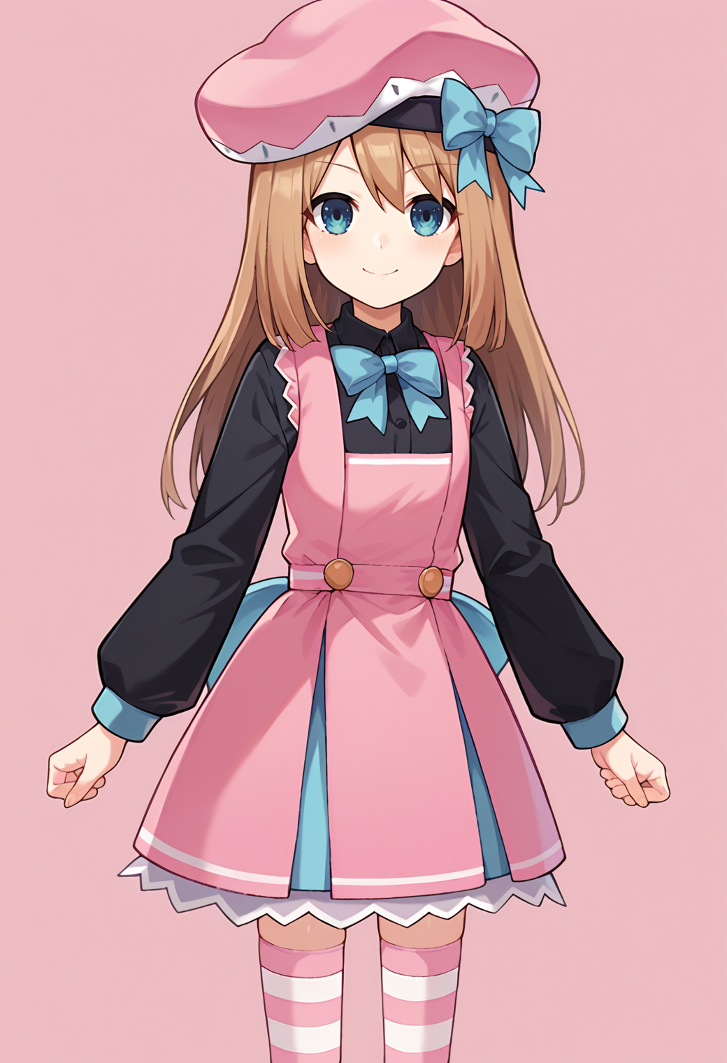 score_9, score_7_up, hd, (ultra hd quality details), source_anime, pink background,
solo, 1girl, deframbase, brown hair, long hair,
pink dress, hat ribbon, hat bow, beret, black shirt, long sleeves, thighhighs, striped thighhighs,
looking at viewer, smile,
standing,
<lora:_ram_neptunia-elesico-pony-v1.1:0.9>