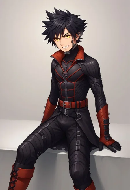 score_9, score_8_up, source_anime, highly detailed, 1boy, solo, male_focus,
vanitas, solo, 1boy, male focus, spiked hair, black hair, yellow eyes, boots, belt, knee boots, gloves, bodysuit, grin, evil,
