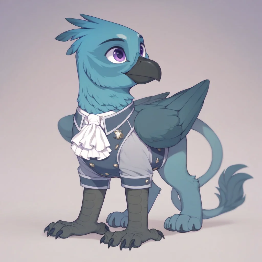 masterpiece, score_9, score_8_up, score_7_up, score_6_up, (best quality:1.1), ultra-detailed, high resolution, 1character, solo, Ondska, griffon, avian, feral, male, (((beautiful detailed purple eyes))), black beak, pastel blue feathers, closed mouth, noble clothes, white ascot, full body, simple background, Highly Visible, sharp focus, anatomically correct, extremely detailed