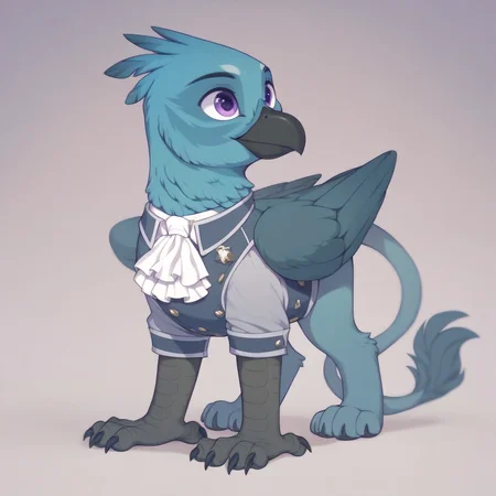 masterpiece, score_9, score_8_up, score_7_up, score_6_up, (best quality:1.1), ultra-detailed, high resolution, 1character, solo, Ondska, griffon, avian, feral, male, (((beautiful detailed purple eyes))), black beak, pastel blue feathers, closed mouth, noble clothes, white ascot, full body, simple background, Highly Visible, sharp focus, anatomically correct, extremely detailed