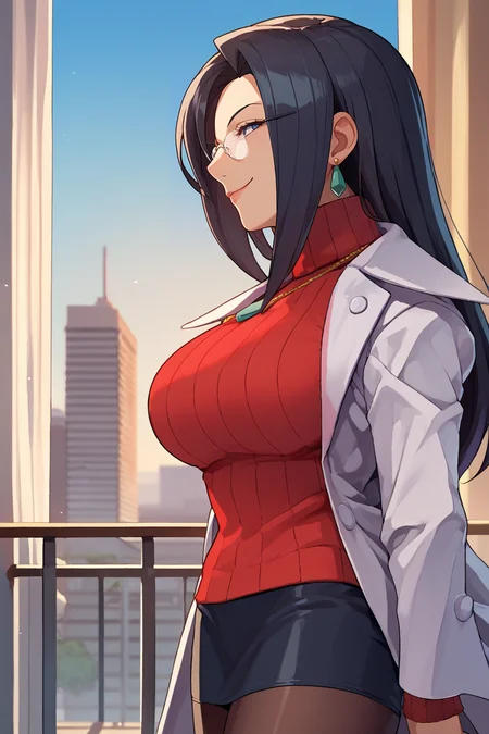 score_9, score_8_up, score_7_up, score_6_up, source_anime, BREAK 1girl, solo,  <lora:mkyouko-pdxl-nvwls-v1-000005:1> mkyouko, black hair, glasses, earrings, necklace, labcoat, red sweater, turtleneck, black miniskirt, pantyhose, big breasts, profile, blue sky, city, smug smile, from side