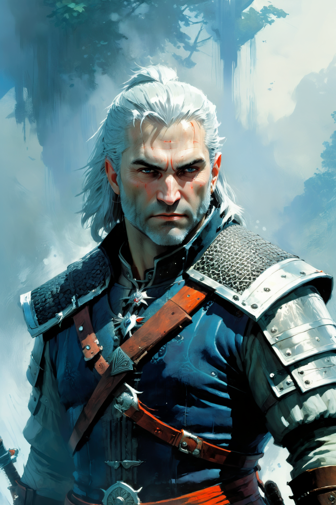 the witcher, by Jason Chan, upperbody, neutral background of stylised panels, bluish fog  <lora:xl_more_art-full_v1:1> <lora:John Berkey Style:1> John Berkey Style page,, (masterpiece:1.2), best quality