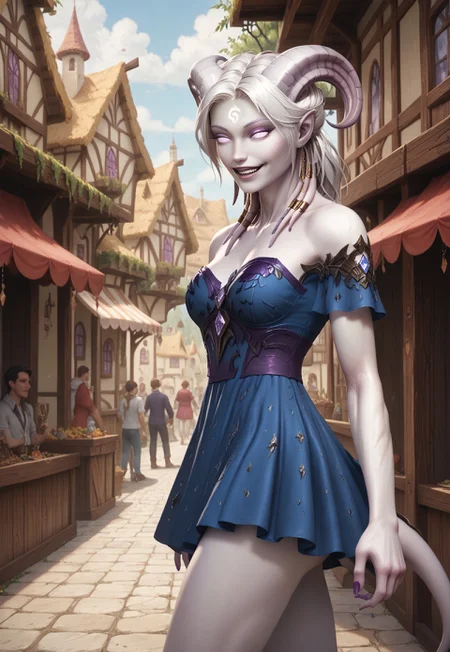 (absurdres, best quality, masterpiece:1.4), score_9, score_8_up, score_7_up, score_6_up, detailed, detailed body, detailed face, fantasy, 

culDraenei, purple eyes, no sclera, no pupils, athletic, tall, slim, pale skin, grey skin, long tail, long ears, 

(LOAwdl34pXL, minidress, strapless), 

smile, 

outdoors, wooden village background, ((multiple crowds, human, varied clothing, modern clothing))