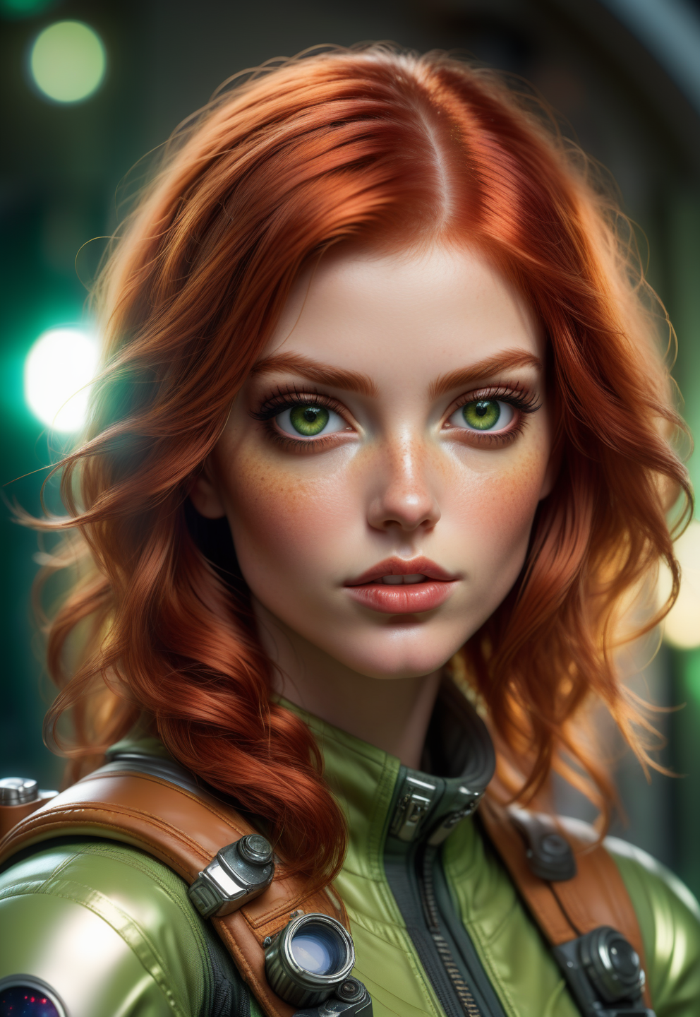(atompunkstylesd15:1.2) (sharp focus:1.2), portrait, up (close photo:1.2) (beautiful face:1.1), amazing body, sexy, (detailed eyes:1.1), (luscious lips:1.1),  (large eyes:1.0) (red hair:1.2) (moody lighting:1.2), depth of field, bokeh, 4K, HDR. by (Bob Byerley:1.2|Artgerm:1.1), hyper realistic, green brown eyes,  up close, (absurd res:1.1), beautiful lighting, sunlight, space explorer, adventurer of space