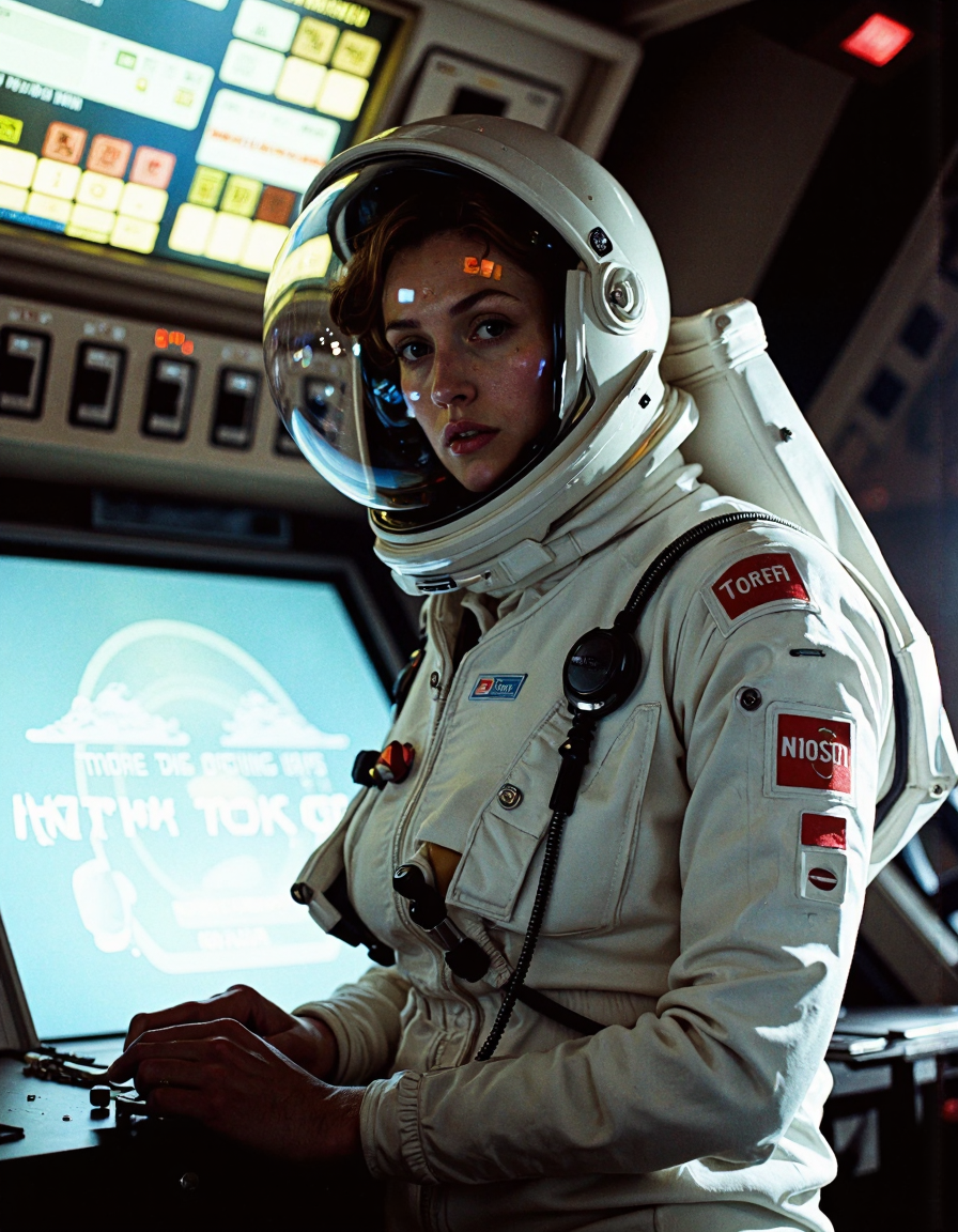 nostromo style woman wearing spacesuitstyled by Tom Ford, space helmet, jumbotron, ceiling decoration, control panels, buttons, switches, lights, science fiction, horror,
extremely detailed, sharp focus, sharp