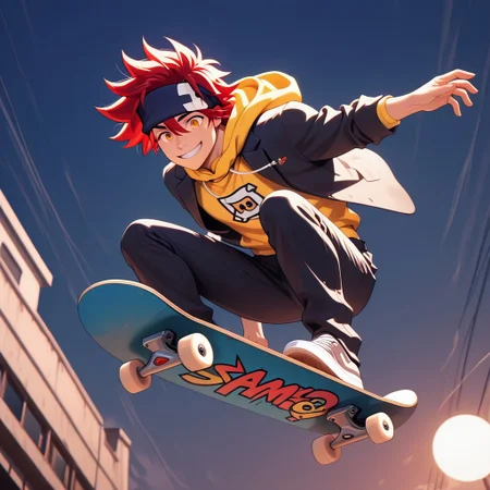 embedding:lazypos, ExpresHGothicNeonIncase, Masterpiece, Best Quality, male focus, score_9, score_8_up, score_7_up, solo, dynamic angle,( volumetric lighting:1.1),
BREAK,
1boy, Reki Kyan, amber eyes, red hair, headband, full body, fit body, athletic, pecs, broad shoulders, black jacket over a yellow hoodie, black pants, riding a skateboard, midair, jump, skateboard
BREAK,
at day, outside, view from below, low angle, smiling, beaming smile