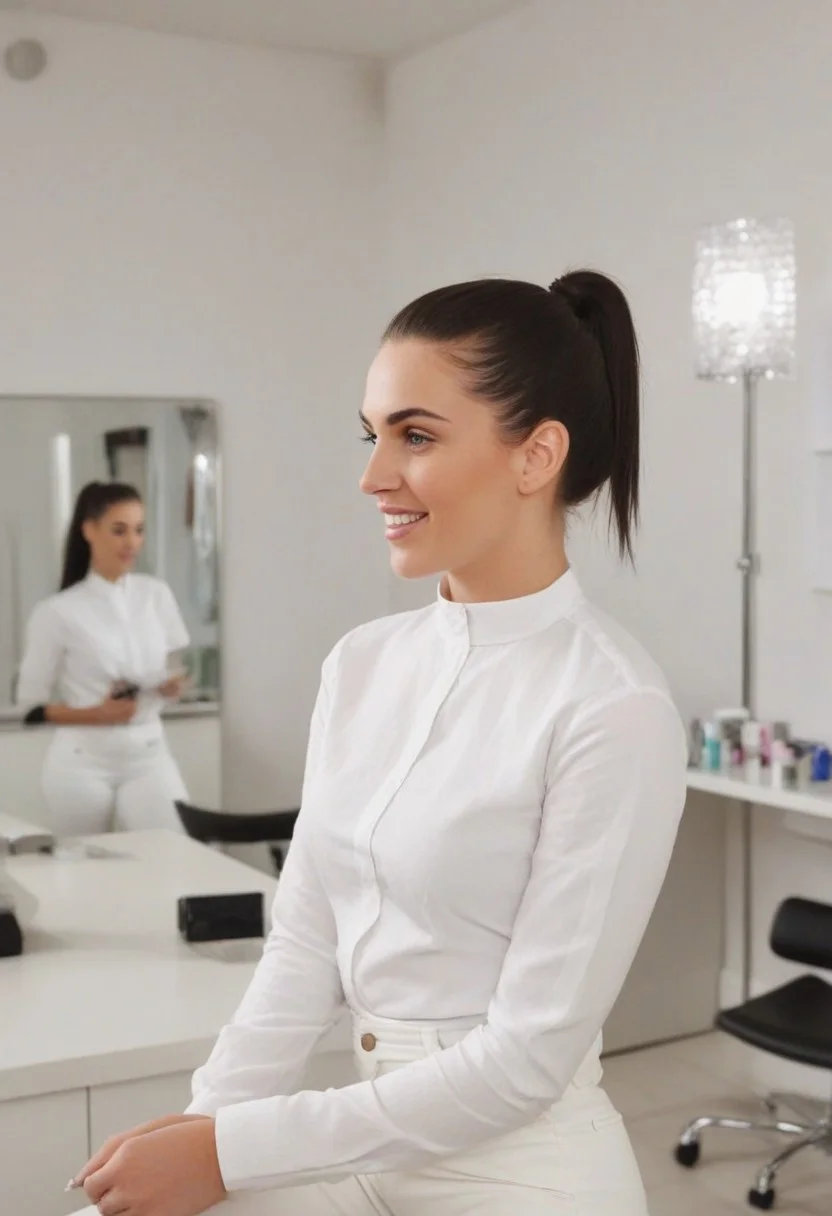 White woman, 30yo, long dark black hair in a ponytail bun, working in a beauty salon Wearing white shirt, white pants, white shoes.
Background fully furnished. women in background.
Woman smirking.
Grainy photo. Film Grain style