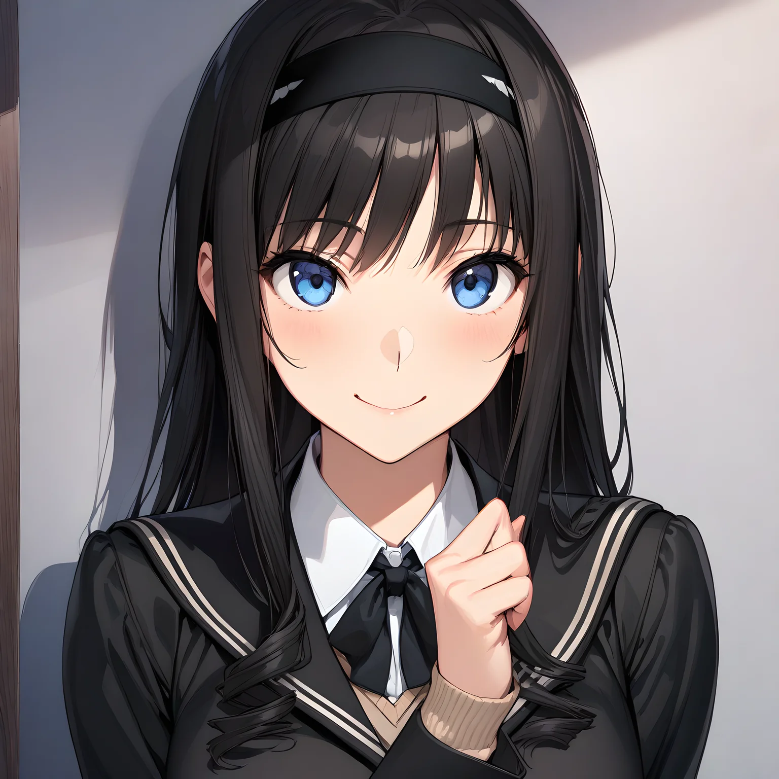 (masterpiece),(best quality),(ultra-detailed),(best illustration),(best shadow),(absurdres),(detailed background),(very aesthetic), haruka_morishima, 1girl, solo, kibito high school uniform, school uniform, hairband, long hair, blue eyes, black hair, long sleeves, smile, black jacket, jacket, very close-up, portrait, <lora:Haruka_Morishima:1>