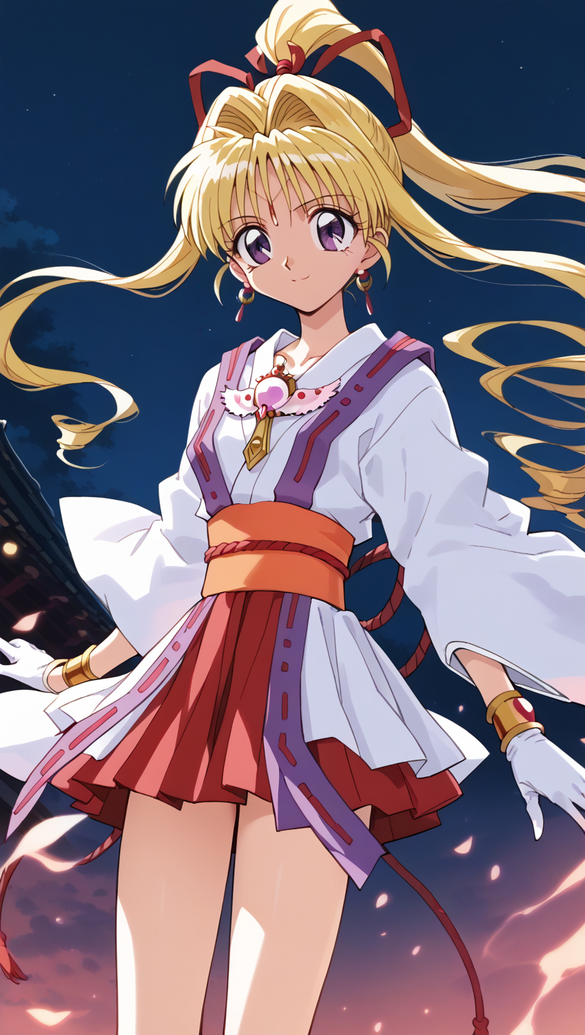 cute, 90s_anime, score_9, score_8_up, score_7_up,solo,KKJ, purple_eyes,blonde_long_hair,high_ponytail,red_hair_ribbon,earrings,forehead_jewel,obi,obijime, white_kimono,wide_long_sleeves,white_kimono_and_red_pleated_short_skirt, white_crisscrossing_boots,bangle_white_gloves,