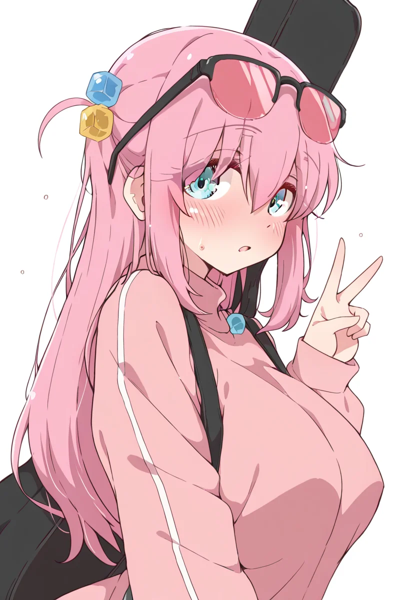 masterpiece, best quality, amazing quality,
<lora:Melty_IL:1> meltypot, 1girl, pink hair, solo, long hair, cube hair ornament, hair ornament, blue eyes, instrument case, eyewear on head, v, open mouth, looking at viewer, bangs, white background, blush, hair between eyes, long sleeves, bocchi