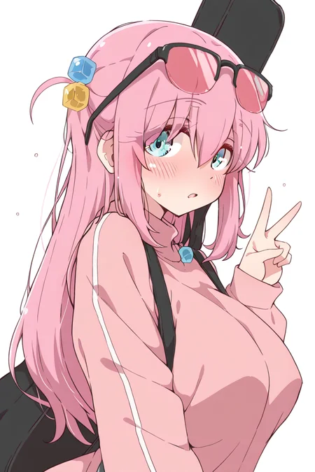 masterpiece, best quality, amazing quality,
 <lora:Melty_IL:1> meltypot, 1girl, pink hair, solo, long hair, cube hair ornament, hair ornament, blue eyes, instrument case, eyewear on head, v, open mouth, looking at viewer, bangs, white background, blush, hair between eyes, long sleeves, bocchi