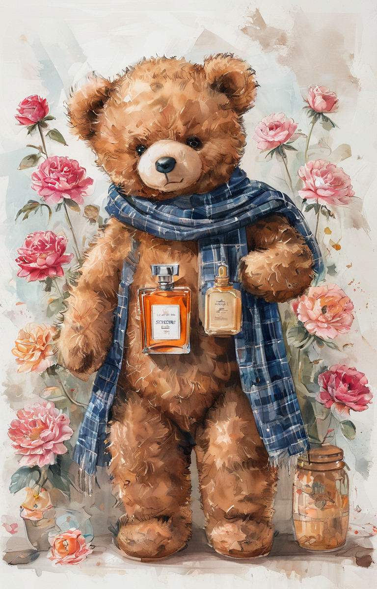 masterpiece,best quality,<lora:tbh37-sdxl:0.9>,illustration,teddy bear, A bottle of perfume in garden