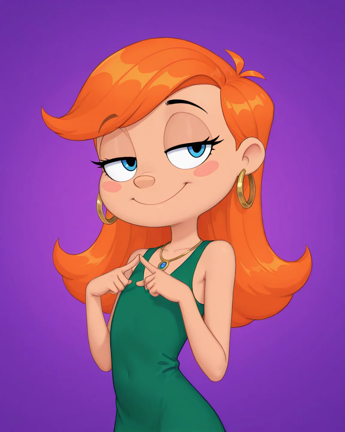 score_9, score_8_up, score_7_up, masterpiece, best quality, newest, absurdres, highres, amazing quality, colorful,
masterpiece, best quality, absurdres, newest, very aesthetic, amazing quality,highres,sensitive, absurdres, high resolution, ultra detailed, perfect details,
source_cartoon,   toon (style), (cartoon:1.0), source_carton:1.1, rating:suggestive, dynamic sexy pose, seductive, sultry,
detailed,detailed eyes,perfect eyes,detailed,detailed hands,perfect hands,detailed,detailed legs,perfect hands, 1girl, solo,
 <lora:Hoshime_Style_r2:0.6> , Hoshime_Style, petite,
<lora:Riley_Daring:0.8> , Riley_Daring, jewelry, hoop earrings, necklace, orange hair, purple background, half-closed eyes, long hair, blush stickers, sleeveless, upper body, furry female, green dress, smile, blue eyes, flat chest, bare shoulders, multicolored hair