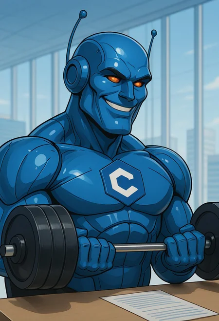 masterpiece, high detail, CivBot, gigachad, sigma male, robot, blue, sitting at a CEO desk, corporate office, airy, bright, smiling confidently, lifting weights