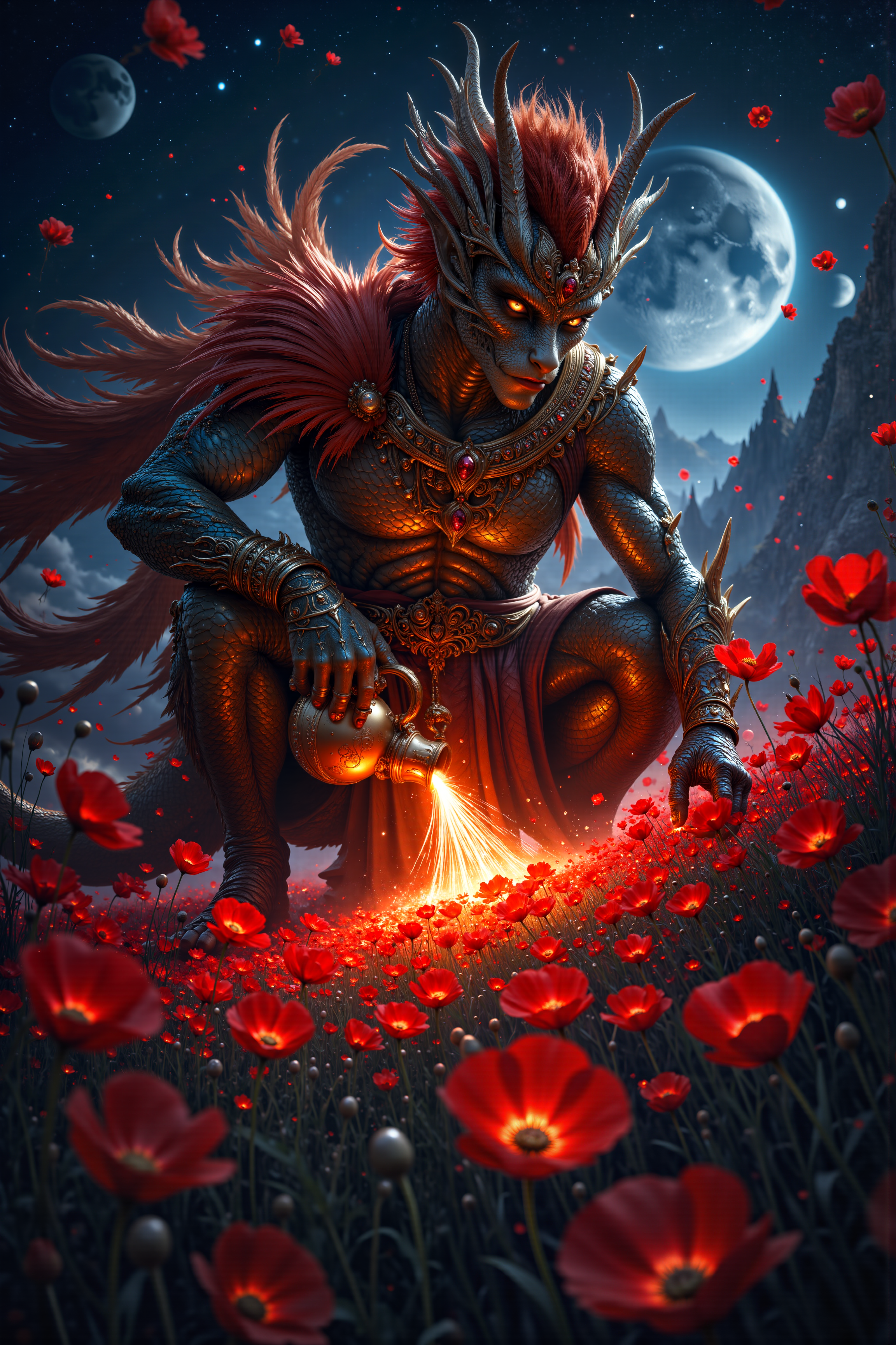 A hyper-realistic portrait, photorealistic photo close-up image of A young dragonborn man with scales of shimmering gold and piercing blue eyes is tending to a field of glowing, red poppies on the edge of a massive, floating island. He wears a long, flowing robe made from the woven feathers of phoenixes, and a golden circlet encrusted with rubies rests on his brow. The poppies, each one glowing with a soft red light, sway gently in the breeze as he carefully waters them from a jug of liquid fire. The floating island is surrounded by a vast, starry sky, with distant planets and moons visible on the horizon. As he tends to the poppies, their glow intensifies, and the air around them begins to shimmer with heat. The dragonbornâs scales catch the light, reflecting the red glow of the poppies in a dazzling display. The scene is a vivid blend of the fantastical and the serene, where the dragonbornâs strange attire and the glowing poppies create a powerful image of life flourishing in a surreal, otherworldly environment. (photography, high-resolution, dynamic, energetic,hyper-realistic, dramatic lighting, shallow depth of field.), detailmaximizer, MythP0rt<lora:midjourney_whisper_flux_lora_v01:0.55><lora:aidmaMJ6.1-FLUX-V0.1:0.4><lora:FluxMythP0rtr4itStyle:0.4><lora:detailed_flux_ntc:2.2><lora:aidmaImageUpgrader-FLUX-V0.1:0.65>