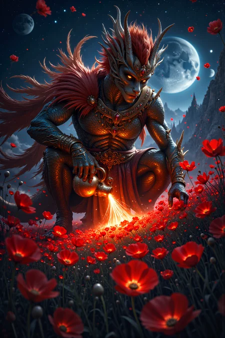A hyper-realistic portrait, photorealistic photo close-up image of A young dragonborn man with scales of shimmering gold and piercing blue eyes is tending to a field of glowing, red poppies on the edge of a massive, floating island. He wears a long, flowing robe made from the woven feathers of phoenixes, and a golden circlet encrusted with rubies rests on his brow. The poppies, each one glowing with a soft red light, sway gently in the breeze as he carefully waters them from a jug of liquid fire. The floating island is surrounded by a vast, starry sky, with distant planets and moons visible on the horizon. As he tends to the poppies, their glow intensifies, and the air around them begins to shimmer with heat. The dragonbornâs scales catch the light, reflecting the red glow of the poppies in a dazzling display. The scene is a vivid blend of the fantastical and the serene, where the dragonbornâs strange attire and the glowing poppies create a powerful image of life flourishing in a surreal, otherworldly environment. (photography, high-resolution, dynamic, energetic,hyper-realistic, dramatic lighting, shallow depth of field.), detailmaximizer, MythP0rt<lora:midjourney_whisper_flux_lora_v01:0.55><lora:aidmaMJ6.1-FLUX-V0.1:0.4><lora:FluxMythP0rtr4itStyle:0.4><lora:detailed_flux_ntc:2.2><lora:aidmaImageUpgrader-FLUX-V0.1:0.65>