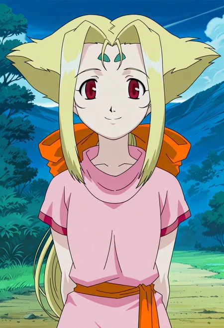 score_9, score_8, score_7, Detailed background, detailed background, outdoor, anime style, fiona1, 1girl, solo, long hair, pink shirt, short sleeves, hair bow, forehead mark, smile, closed mouth, looking at viewer, arms behind back