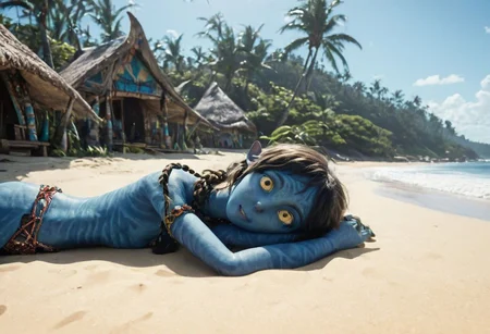 Kiri ((laying on her (side)), on beach sand, (hand under head), [[[[closeup]]]], suntanning, along, big eyes wide open, (looking at viewer), seaside, tribal huts and trees and (sea with ((high surf))) on background, symmetrical eyes, symmetrical pupils, SK_CINEMATIC