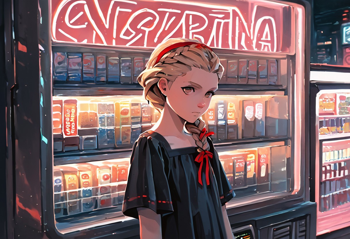 shading, water color painting, traditional media, score_9, score_8_up, score_7_up, Natalie-Korda, blonde hair, single braid, brown eyes, black dress, red ribbon, tights, cyberpunk, vending machine, neon lights, sensitive