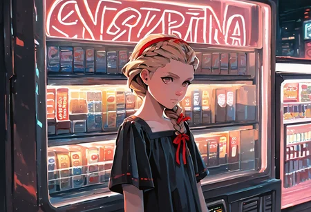 shading, water color painting, traditional media, score_9, score_8_up, score_7_up, Natalie-Korda, blonde hair, single braid, brown eyes, black dress, red ribbon, tights, cyberpunk, vending machine, neon lights, sensitive